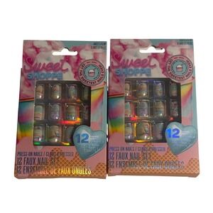 Sweet Shoppe Lot of 2 Faux Press On Nail Sets Kids Candy Swirl Holographic 12ct